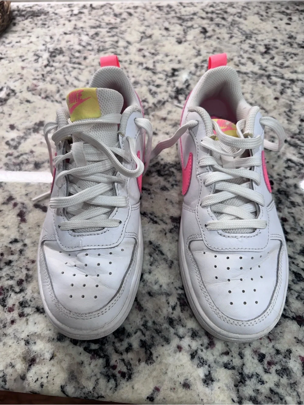 Nike Kids White Sneakers with Pink Swoosh and Coral Heel Tab